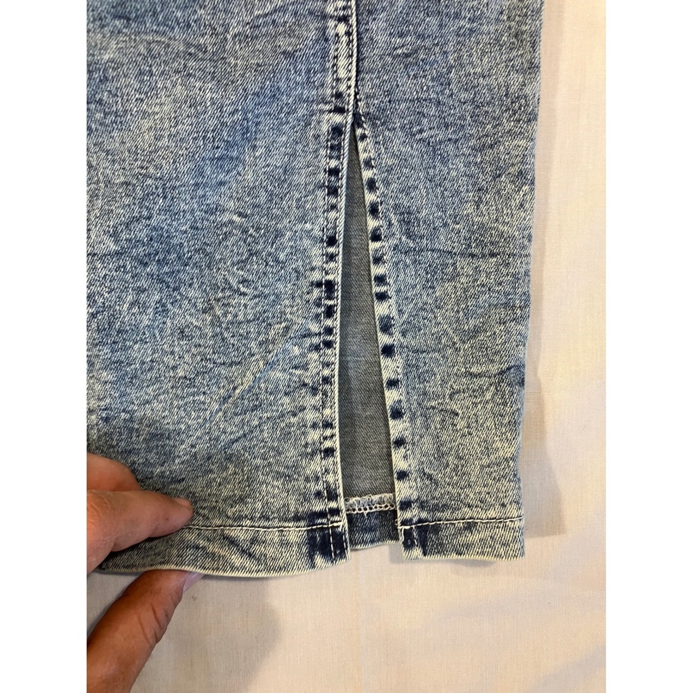 Womens Acid Wash Denim Bodycon Dress Blue Sleeveless Size Small Front Slit Zip - Picture 7 of 8